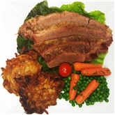 Prime Beef Brisket W/ Potato Pancakes, Peas & Carrots