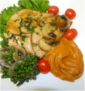 Turkey Meatloaf with Sweet Potato Puree and Peas