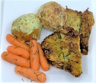 Turkey Meatballs in Creamy Pesto Sauce w/Zucchini Fritters and Carrots